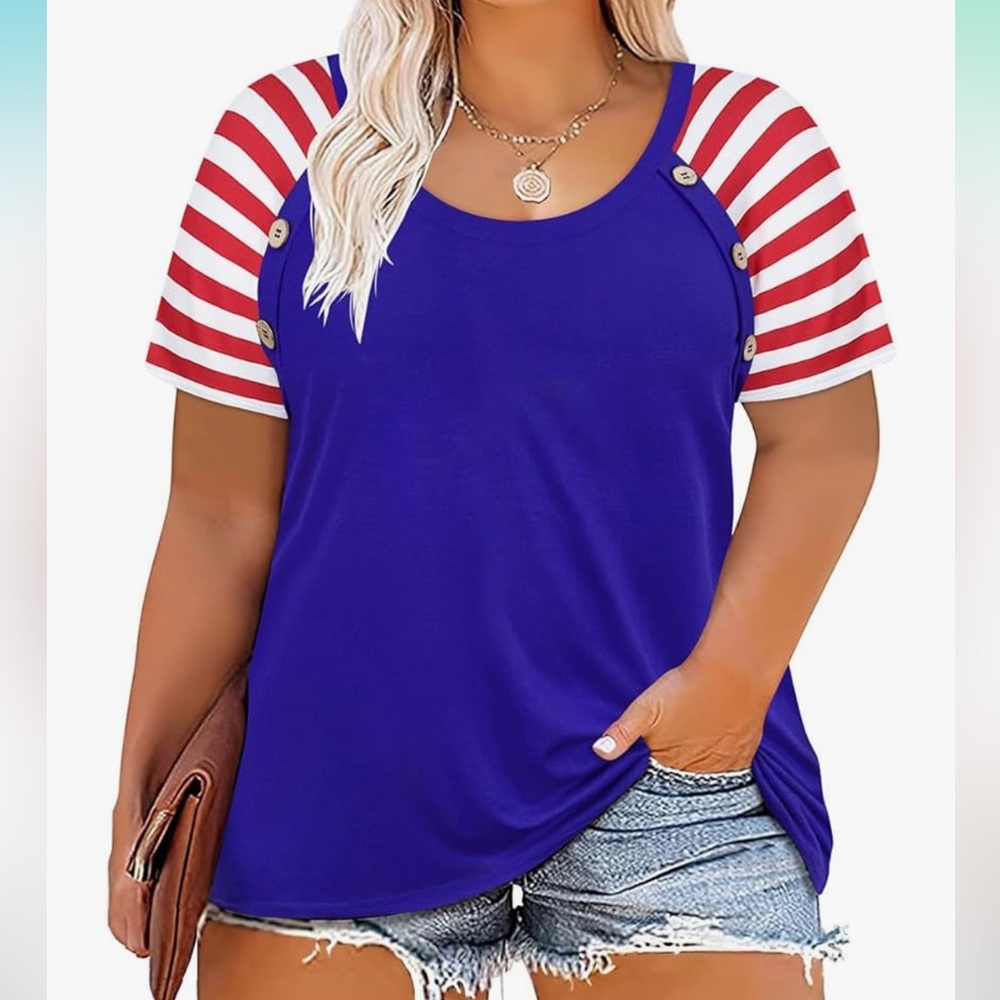 Red White Blue Patriotic Women’s Shirt Stripe Sleeves Colorblock Tunic XL NEW - Picture 7 of 7
